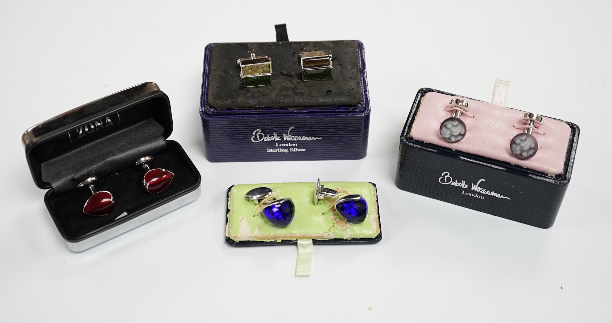 Three assorted pars of Babette Wasseman sterling and paste? set cufflinks and one other pair of cufflinks.